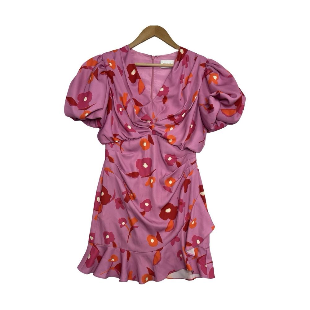 Boskemper Anthropologie Dress Womens Medium Pink Floral Puff Mini Cocktail Party